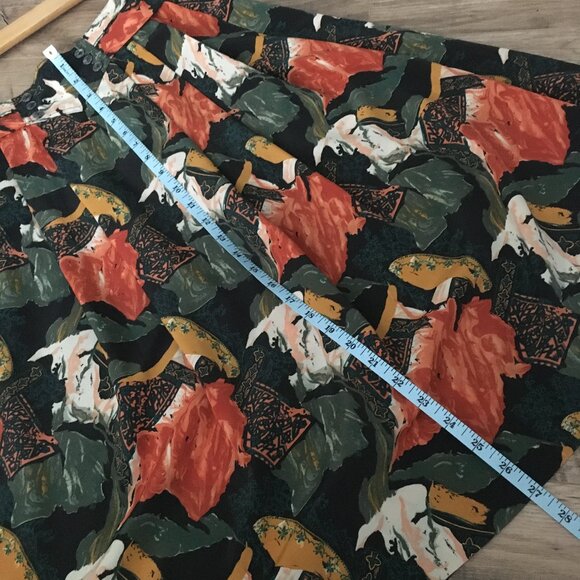 Vintage 80s Union Made Orange and Green Abstract Button Waist Pleated Midi Skirt - Picture 12 of 14